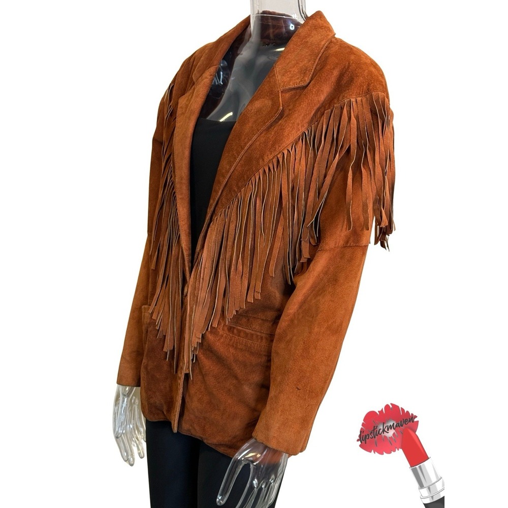 Vintage Suede Leather Jacket Womens Brown Medium Fringe Western Cowgirl - Picture 3 of 16